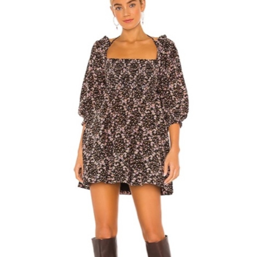 Free People Black Floral Square-Neck Mini Dress